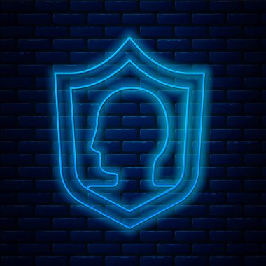 Parlayan neon hattı hayat sigortası. Kalkan simgesi tuğla duvar arkasında izole edilmiş. Güvenlik, güvenlik, koruma, konsept koruma. Vektör.