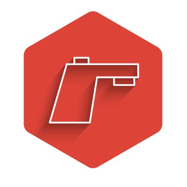 Beyaz çizgili musluk ikonu uzun gölgeli izole edilmiş. Kırmızı altıgen düğmesi. Vektör.