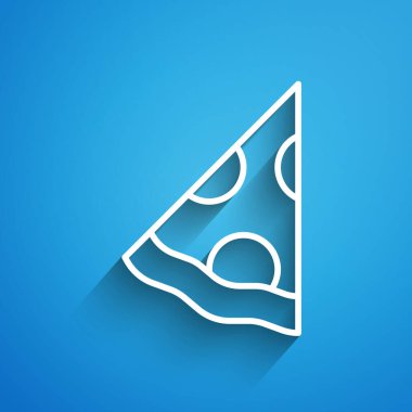 Beyaz çizgili pizza dilimi mavi arka planda izole edilmiş. Fast food menüsü. Uzun gölge. Vektör.