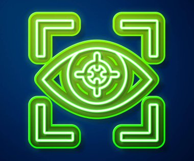 Parlayan neon hattı göz tarama simgesi mavi arkaplanda izole edildi. Göz taraması yapılıyor. Güvenlik kontrol sembolü. Siber göz işareti. Vektör.