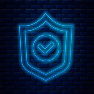 Parlak neon hattı kalkanı ve tuğla duvar arkasında iz simgesi var. Koruma sembolü. Güvenlik kontrolü Simge. Kene izi onaylı simge. Vektör.