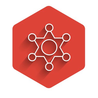 Beyaz çizgi şerifi Hexagram ikonu uzun gölgelerle izole edilmiş. Polis rozeti ikonu. Kırmızı altıgen düğmesi. Vektör.