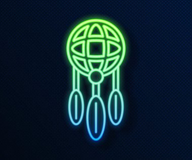 Mavi arka planda tüy ikonu olan parlak neon hattı Rüya Yakalayıcı. Vektör.