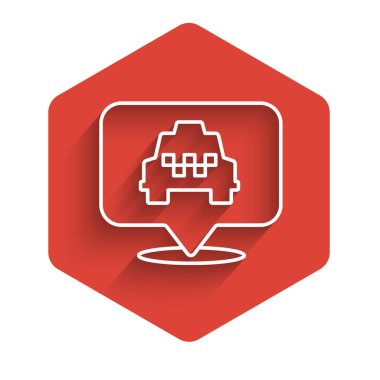 Uzun gölgeli, beyaz çizgi haritalı taksi simgesi. Konum sembolü. Kırmızı altıgen düğmesi. Vektör.