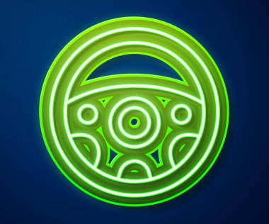 Parlayan neon çizgisi direksiyon simgesi mavi arkaplanda izole edildi. Araba tekeri ikonu. Vektör.