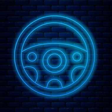 Parlayan neon çizgisi direksiyon simgesi tuğla duvar arkasında izole edilmiş. Araba tekeri ikonu. Vektör.