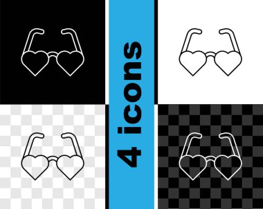 Kalp şeklinde bir aşk gözlüğü simgesi. Siyah beyaz, şeffaf bir arkaplanda izole edilmiş. Sevgililer Günü kartı tasarımı için uygun. Vektör.