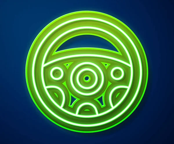 Parlayan neon çizgisi direksiyon simgesi mavi arkaplanda izole edildi. Araba tekeri ikonu. Vektör.