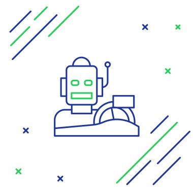 Çizgi Robotu insansı beyaz arka planda izole edilmiş bir araba simgesi kullanıyor. Yapay zeka, makine öğrenme, bulut hesaplama. Renkli taslak konsepti. Vektör.