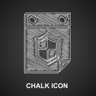 Siyah arkaplanda kalkan simgesi olan Tebeşir Takvimi. Sigorta konsepti. Gardiyan. Güvenlik, güvenlik, koruma, gizlilik kavramı. Vektör.