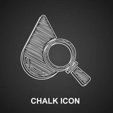 Tebeşir damlası ve büyüteç simgesi siyah arkaplanda izole edilmiş. Vektör.