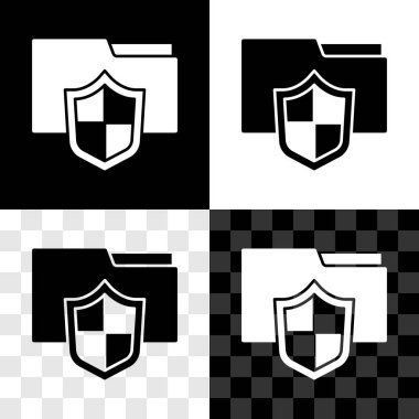 Dosya koruma konsepti simgesini siyah beyaz, şeffaf arkaplanda izole et. Gizli bilgi ve gizlilik fikri, koruma, kalkan. Vektör.