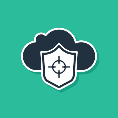 Mavi Bulut ve kalkan simgesi yeşil arka planda izole edildi. Bulut depolama veri koruması. Güvenlik, güvenlik, koruma, gizlilik kavramı. Vektör.
