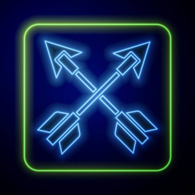 Parlayan neon çapraz ok simgesi mavi arkaplanda izole edildi. Vektör.