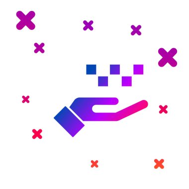 Beyaz arka planda izole edilmiş taksi simgesine sahip renkli el. Konum sembolü. Kademeli rastgele dinamik şekiller. Vektör.