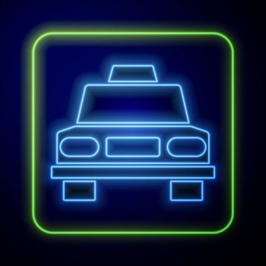 Parlayan neon taksi ikonu mavi arka planda izole edildi. Vektör.