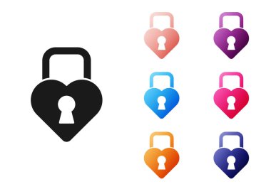 Siyah Kale, beyaz arka planda izole edilmiş kalp simgesi şeklinde. Kilitli Kalp. Aşk sembolü ve anahtar deliği işareti. Simgeleri renklendirin. Vektör.