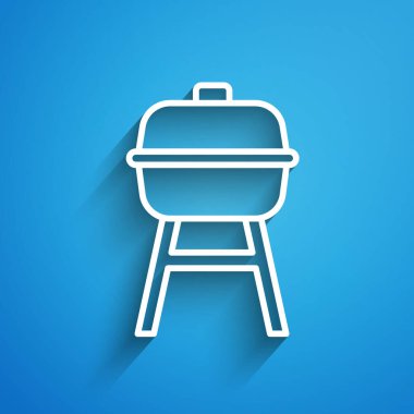 Beyaz çizgi ızgara ikonu mavi arkaplanda izole edildi. Barbekü ızgara partisi. Uzun gölge. Vektör.