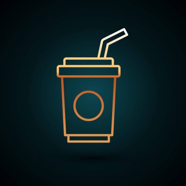 Koyu mavi zemin üzerinde saman ve su ikonu bulunan altın çizgili kağıt bardak. Soda bardağı. Taze soğuk içecek sembolü. Vektör.