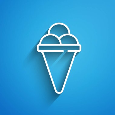 Beyaz çizgi dondurma, mavi arka planda izole edilmiş waffle konisi ikonu. Güzel sembol. Uzun gölge. Vektör.