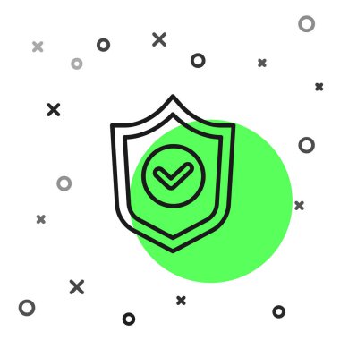 Siyah çizgi kalkanı beyaz arkaplanda işaretleme simgesi izole edildi. Koruma sembolü. Güvenlik kontrolü Simge. Kene izi onaylı simge. Vektör.