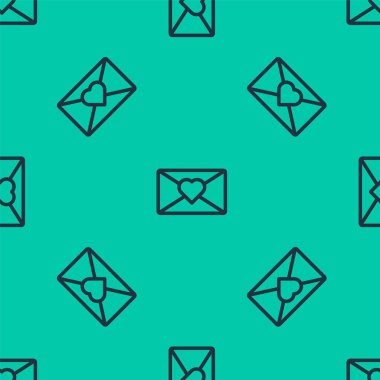 Sevgililer Günü kalp ikonlu mavi çizgi yeşil arka planda kusursuz desen izole edildi. Mesaj aşkım. Aşk ve romantizm mektubu. Vektör.