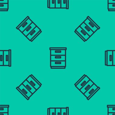 Mavi çizgi mobilya komodininin simgesi yeşil arka planda izole edilmiş kusursuz desen. Vektör.