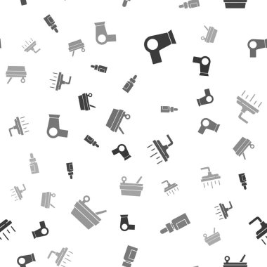 Saç kurutma makinesi, temel yağ şişesi, duş başlığı ve sauna kovası ve kepçeyi pürüzsüz desen üzerine koyun. Vektör.