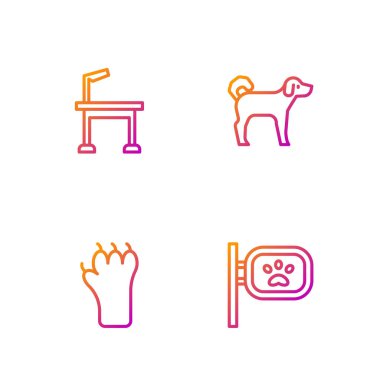 Hayvan bakımı, pençe izi, masa ve köpek. Renk simgeleri. Vektör.