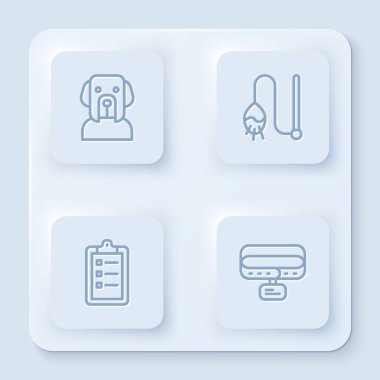 Set hattı Dog, Evcil Kedi Oyuncağı, Bakım Salonu fiyat listesi ve yakalı yaka kartı. Beyaz kare düğme. Vektör.