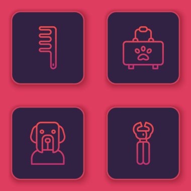 Köpek ve kedi için sıra saç fırçası, köpek, ilk yardım çantası ve tırnak makası. Mavi kare düğme. Vektör.