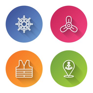 Hat direksiyonu, tekne pervanesi, türbin, can yeleği ve çapalı konum ayarlayın. Renkli daire düğmesi. Vektör.