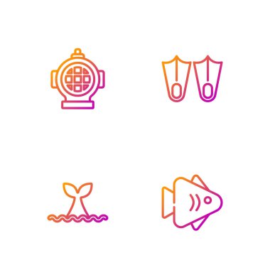 Balık, Balina kuyruğu okyanus dalgası, Aqualung ve Plastik yüzgeçler. Renk simgeleri. Vektör.