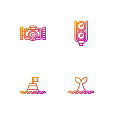 Balina kuyruğunu okyanus dalgasında, yüzen şamandırayı, fotoğraf makinesini ve ölçeği ayarlayın. Renk simgeleri. Vektör.