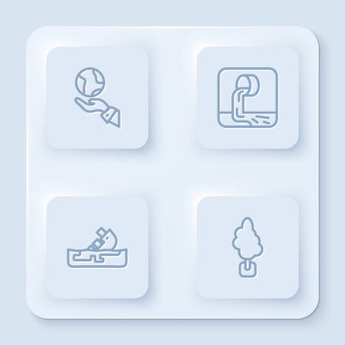 Dünya 'yı tutan eller, atık su, enkaz petrol tankeri gemisi ve ağaç. Beyaz kare düğme. Vektör.