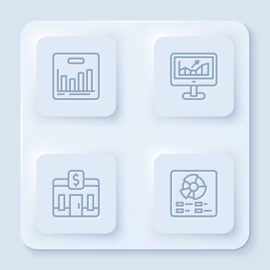 Çizgi pasta grafiği bilgisini ayarla, büyüyen bilgisayar, banka binası ve. Beyaz kare düğme. Vektör.