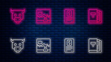 Başarısızlık borsası, işletme finans raporu, boğa ve ofis dosyaları. Tuğla duvarda parlayan neon simgesi. Vektör.