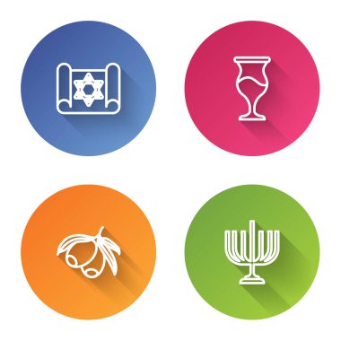 Tevrat parşömeni, Yahudi kadehi, zeytin dalı ve Hanuka menorası. Renkli daire düğmesi. Vektör.