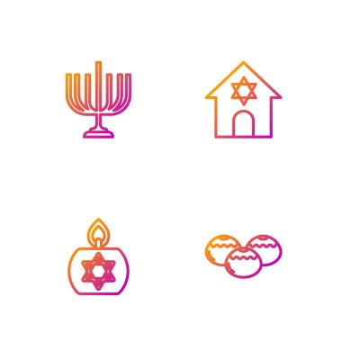 Yahudi pastanesi, yanan mum, Hanuka menorası ve sinagog. Renk simgeleri. Vektör.
