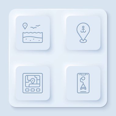 Hat konumunu plaj, çapa, GPS cihazı haritası ve şehir navigasyonu ile ayarla. Beyaz kare düğme. Vektör.