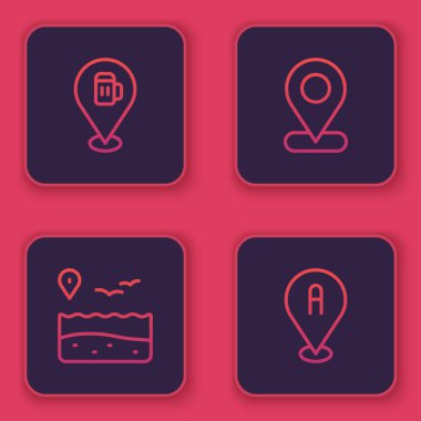 Alkol ya da bira barı, plajlı bir yer ve... Mavi kare düğme. Vektör.