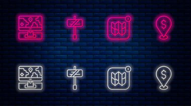 Yol trafik işaretini, şehir haritasının bilgilerini, konum işaretleyicisi ve nakit parasıyla monitörü ayarla. Tuğla duvarda parlayan neon simgesi. Vektör.