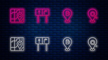 Yol trafik işaretini, alkolü ya da bira barını, şehir haritasını ve aramayı ayarlayın. Tuğla duvarda parlayan neon simgesi. Vektör.