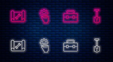 Satır ayarlarını elde, alet çantasında, anahtarda ve kürekte ayarla. Tuğla duvarda parlayan neon simgesi. Vektör.