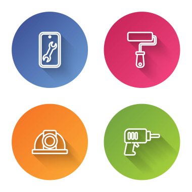 Hat Mobil Servisi, boya fırçası, işçi kaskı ve elektrikli matkap. Renkli daire düğmesi. Vektör.