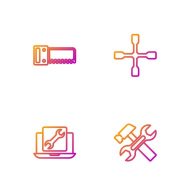 Çekiç ve ingiliz anahtarı, laptop servisi, el testeresi ve tekerlek ayarlayın. Renk simgeleri. Vektör.