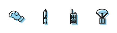 Telsiz hattı, gaz maskesi, askeri bıçak ve hava indirme kutusu ikonu. Vektör.
