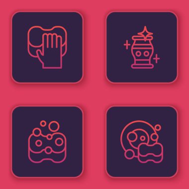 Sıra Temizlik Servisi, Sünger, vazo ve bulaşık yıkama. Mavi kare düğme. Vektör.