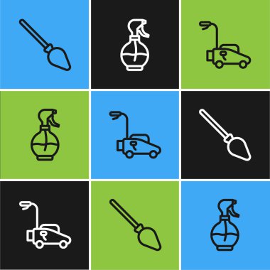 Sıralı süpürge sapı, çim biçme makinesi ve su püskürtme ikonu. Vektör.