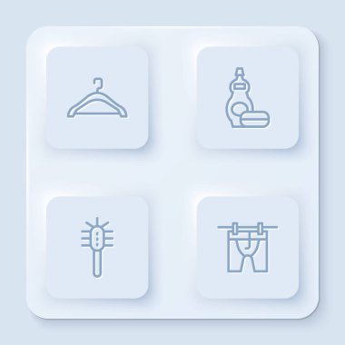 Hat askısı gardırobu, bulaşık deterjanı şişesi, tuvalet fırçası ve kuru giysiler. Beyaz kare düğme. Vektör.